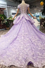 Bridesmaids Dresses Color Schemes, Lilac Ball Gown Short Sleeve Prom Dresses with Long Train, Gorgeous Quinceanera Dress