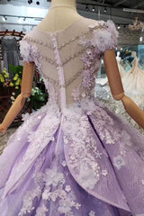 Bridesmaid Dress Color Schemes, Lilac Ball Gown Short Sleeve Prom Dresses with Long Train, Gorgeous Quinceanera Dress