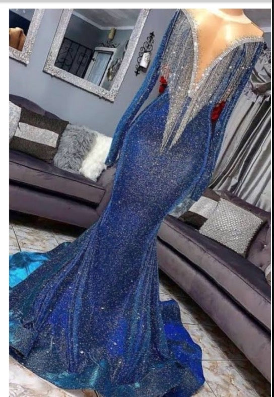 Bridesmaid Dress Under 111, 2024 Sexy Long Sleeve Mermaid V Neck Royal Blue Long Prom Dresses