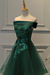 Bridesmaid Dresses Gold, Dark Green Strapless A Line Appliques Tulle Homecoming Dresses