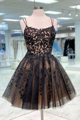 Party Dress Brands Usa, Black Spaghetti Straps Appliques Tulle Short Homecoming Dresses
