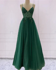 Prom Dress Long Sleeved, Spaghetti Strap Green A Line Long Prom Dress V Neck Formal Evening Gown Party Dress