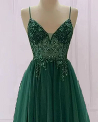Prom Dress Long Sleeve, Spaghetti Strap Green A Line Long Prom Dress V Neck Formal Evening Gown Party Dress