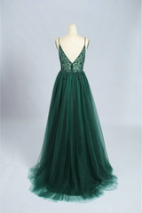 Prom Dresses Shiny, Spaghetti Strap Green A Line Long Prom Dress V Neck Formal Evening Gown Party Dress