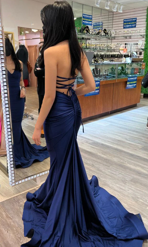 Charming Navy Mermaid Prom Dress,Backless Evening Gown