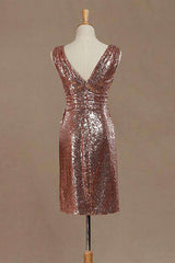 Bridesmaid Dresses Vintage, Rose Gold Sequin V-Neck Backless Short Bridesmaid Dress