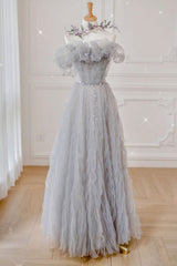 Long Prom Dress, Gray Tulle A Line Off the Shoulder Formal Evening Dresses Long Prom Dresses