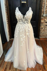 Wedding Dresses Under 502, Ivory Appliques V-Neck Backless A-Line Long Wedding Dress