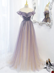 Prom Dresses Fitted, Purple Off Shoulder Tulle Sequin Long Prom Dress, Purple Evening Dress