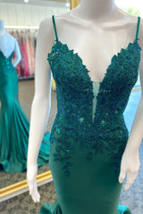 Prom Dresses On Sale, Hunter Green Floral Plunging V Mermaid Long Prom Dress