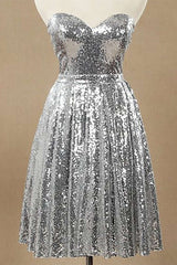 Prom Dresses For Adults, Silver Sequin Sweetheart A-Line Knee Length Bridesmaid Dress