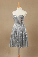 Prom Dresses For 2035, Silver Sequin Sweetheart A-Line Knee Length Bridesmaid Dress