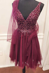 Party Dress Europe, A-Line Burgundy Beaded Tie-Back Homecoming Dress