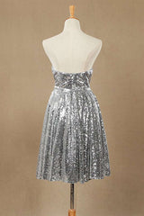 Prom Dress Places Near Me, Silver Sequin Sweetheart A-Line Knee Length Bridesmaid Dress