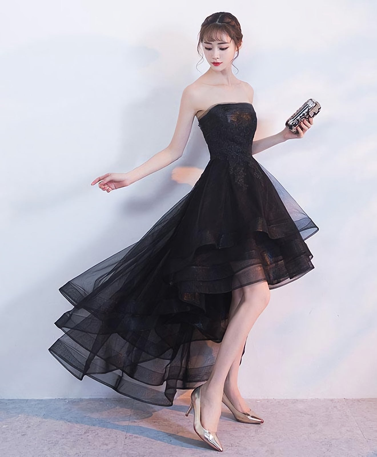 Evening Dresses With Sleeves, Black Tulle Lace Short Prom Dress, Black Tulle Homecoming Dress, 1