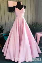Bridesmaid Dresses Sales, V-neck A-line Pink Spaghetti Straps Rushed Satin Long Prom Dresses