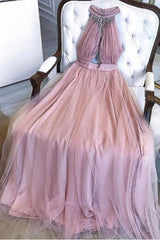Prom Dresses For Warm Weather, A-line Dusty Pink Prom Dresses Long Beading Formal Dresses