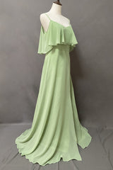 Prom Dresses Sage Green, Ruffles Sage Green Straps A-Line Long Bridesmaid Dress with Slit