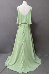 Prom Dresses Orange, Ruffles Sage Green Straps A-Line Long Bridesmaid Dress with Slit