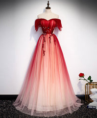 Prom Dresses With Sleeve, Burgundy Off Shoulder Tulle Long Prom Dress, Burgundy Formal Dress, 1