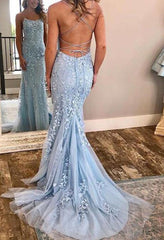 Bridesmaid Dress Dark, Chic Trumpet Spaghetti Straps With Lace Appliques Light Blue Prom Dresses
