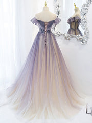 Prom Dresses Simple, Purple Off Shoulder Tulle Sequin Long Prom Dress, Purple Evening Dress
