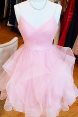 Bridesmaid Dress Custom, short pink a line homecoming dress birthday dress with ruffled skirt