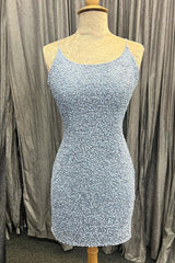 Evening Dresses Petite, Light Blue Lace-Up Sequins Sheath Homecoming Dress