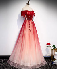 Prom Dress With Sleeve, Burgundy Off Shoulder Tulle Long Prom Dress, Burgundy Formal Dress, 1
