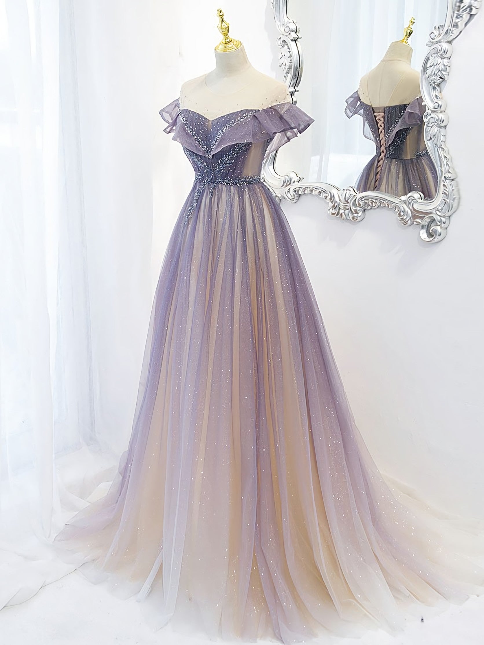 Prom Dress Simple, Purple Off Shoulder Tulle Sequin Long Prom Dress, Purple Evening Dress