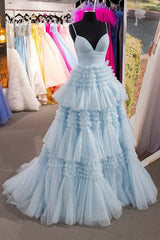 Bridesmaid Dress As Wedding Dress, Elegant Light Blue Side Slit Tulle Long Prom Dress