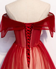Prom Dresses Navy, Burgundy Off Shoulder Tulle Long Prom Dress, Burgundy Formal Dress, 1