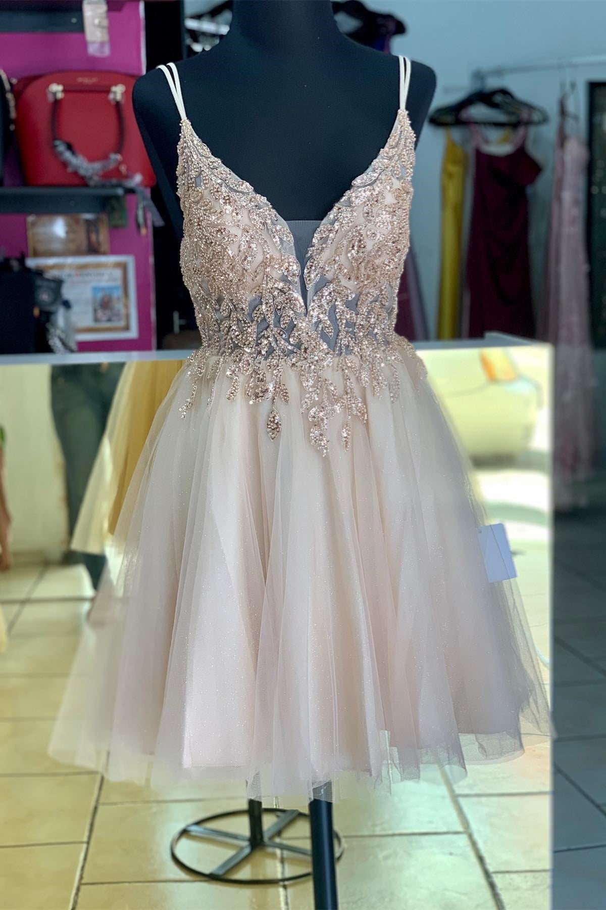Bridesmaid Dress By Color, Rose Gold Straps Deep V Neck Appliques Tulle Homecoming Dress