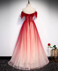 Prom Dress With Sleeves, Burgundy Off Shoulder Tulle Long Prom Dress, Burgundy Formal Dress, 1