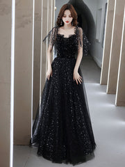 Evening Dresses Vintage, Black Tulle Off Shoulder Tulle Long Prom Dress, Black Evening Dress