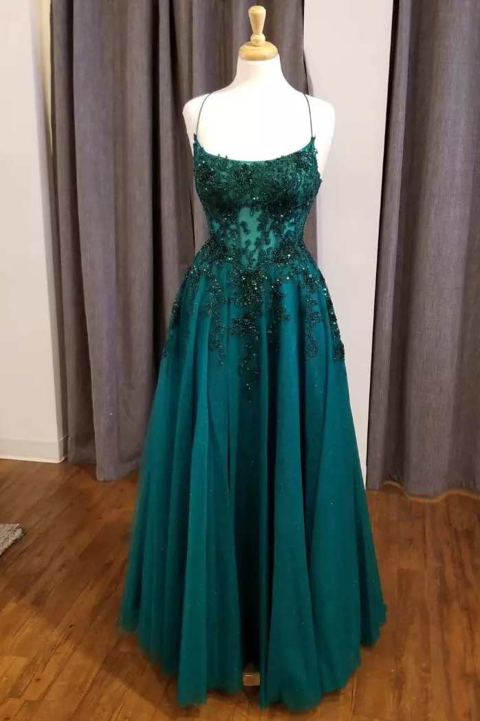 Prom Dress Inspiration, Hunter Green Floral Lace Scoop Neck A-Line Prom Dress