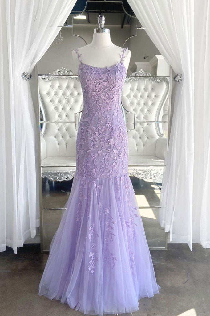Prom Dresses 2028 Ball Gown, Lilac Spaghetti Straps Long Lace Tulle Evening Dresses Mermaid Appliques Prom Dresses