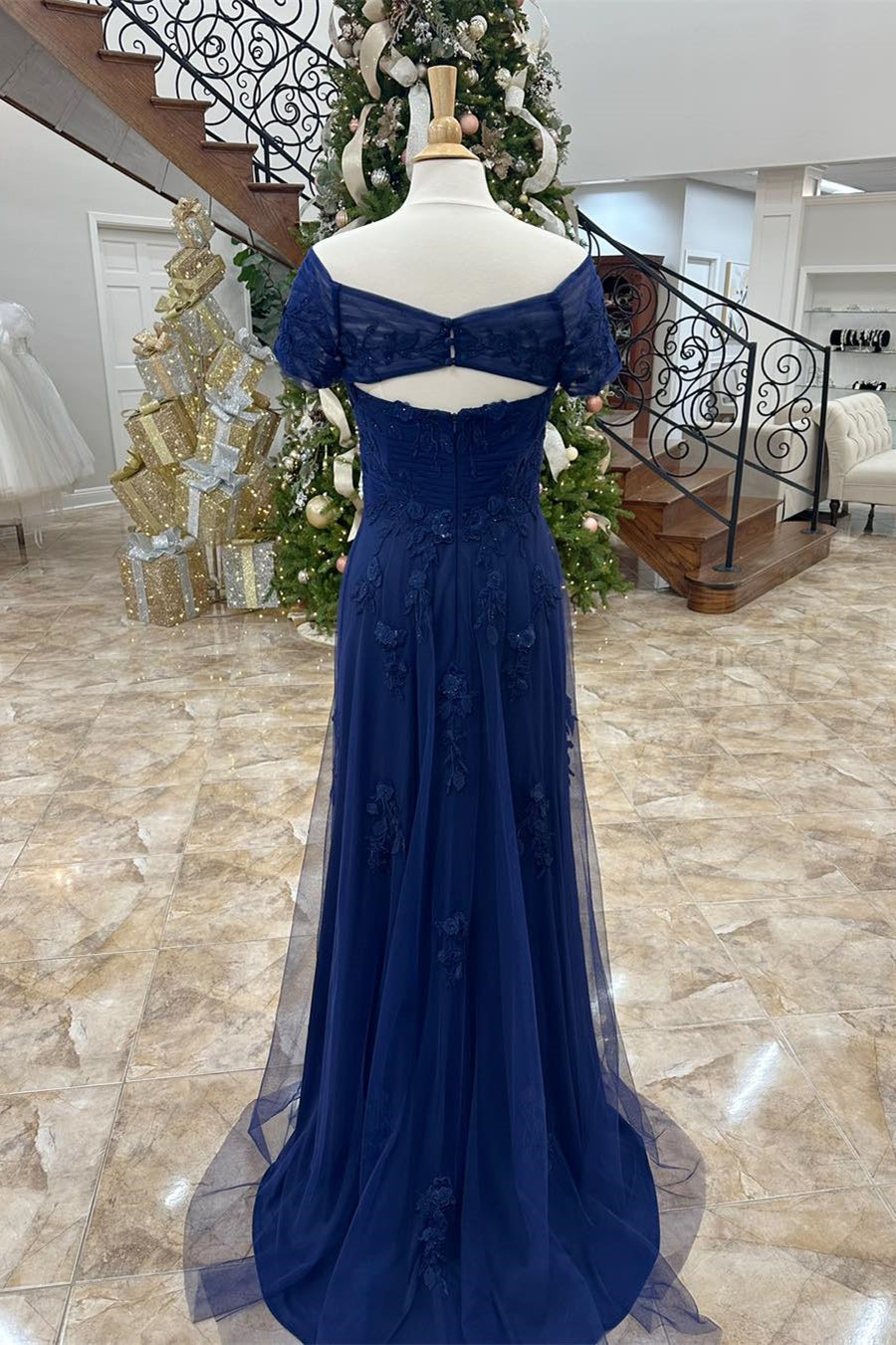 Unique Wedding Dress, Dark Blue Off-Shoulder Floral A-line Long Mother of Brides Dress