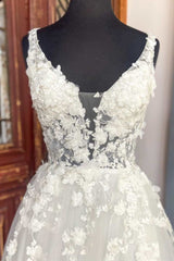 Wedding Dress Elegant, White Floral Lace Backless A-Line Wedding Dress with Slit