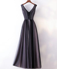 Wedding Party Dress, Black V Neck Lace Applique Tulle Long Prom Dress, Black Evening Dress