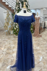 Mismatched Bridesmaid Dress, Dark Blue Off-Shoulder Floral A-line Long Mother of Brides Dress