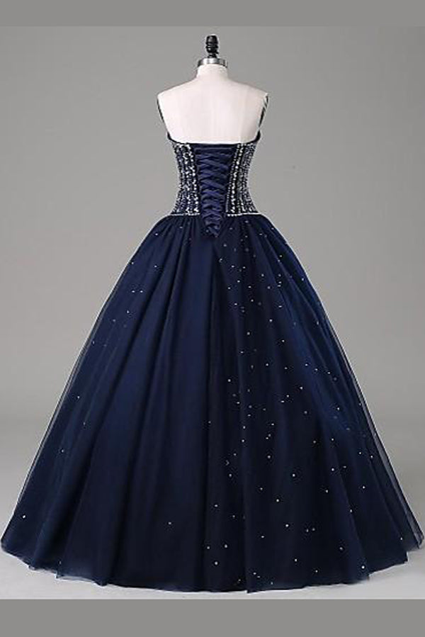 Party Dress Style, Navy Blue Ball Gown Floor Length Sweetheart Sleeveless Mid Back Prom Dresses