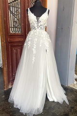 Wedding Dress Wedding Dresses, White Floral Lace Backless A-Line Wedding Dress with Slit