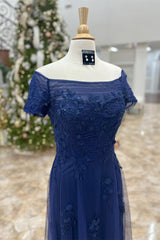 Simple Prom Dress, Dark Blue Off-Shoulder Floral A-line Long Mother of Brides Dress