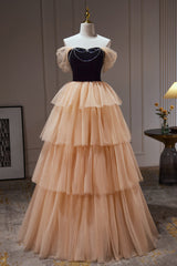Party Dresses Outfit, Champagne Off The Shoulder Evening Gown A Line Tulle Long Prom Dresses