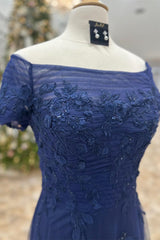 Midi Dress, Dark Blue Off-Shoulder Floral A-line Long Mother of Brides Dress