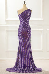 Prom Dresses Light Blue Long, One Shoulder Purple Sequin Prom Dress with Slit