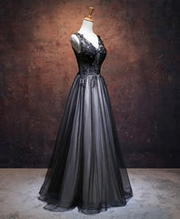 Flowy Prom Dress, Black V Neck Tulle Lace Applique Long Prom Dress, Black Evening Dress, 1