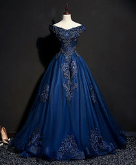 Formal Dresses Homecoming, Blue Tulle Lace Off Shoulder Long Prom Dress, Blue Tulle Lace Evening Dress