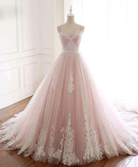 Bridesmaid Dress Elegant, Pink Sweetheart Lace Tulle Long Prom Dress, Lace Pink Evening Dress